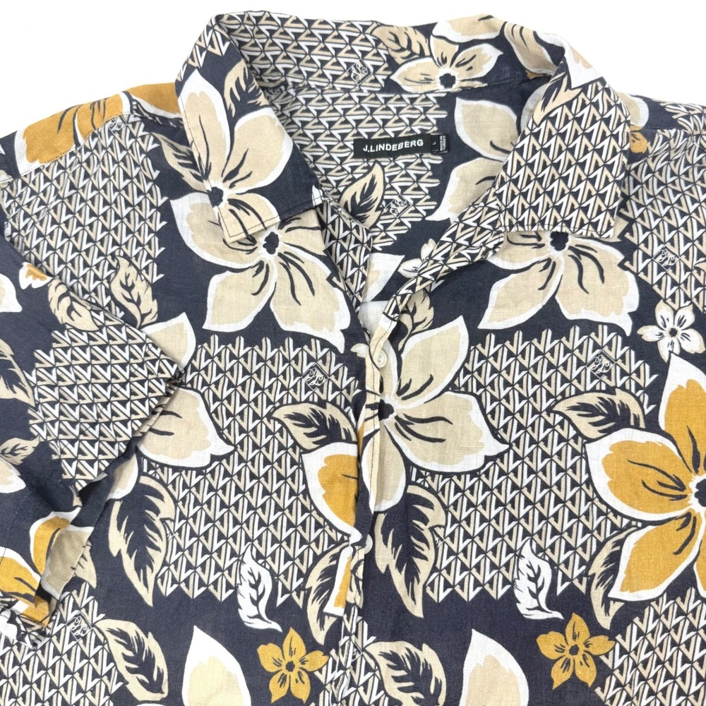 J.Lindeberg Elio Linen Island Floral Shirt Mens Large Navy Yellow Short Sleeve